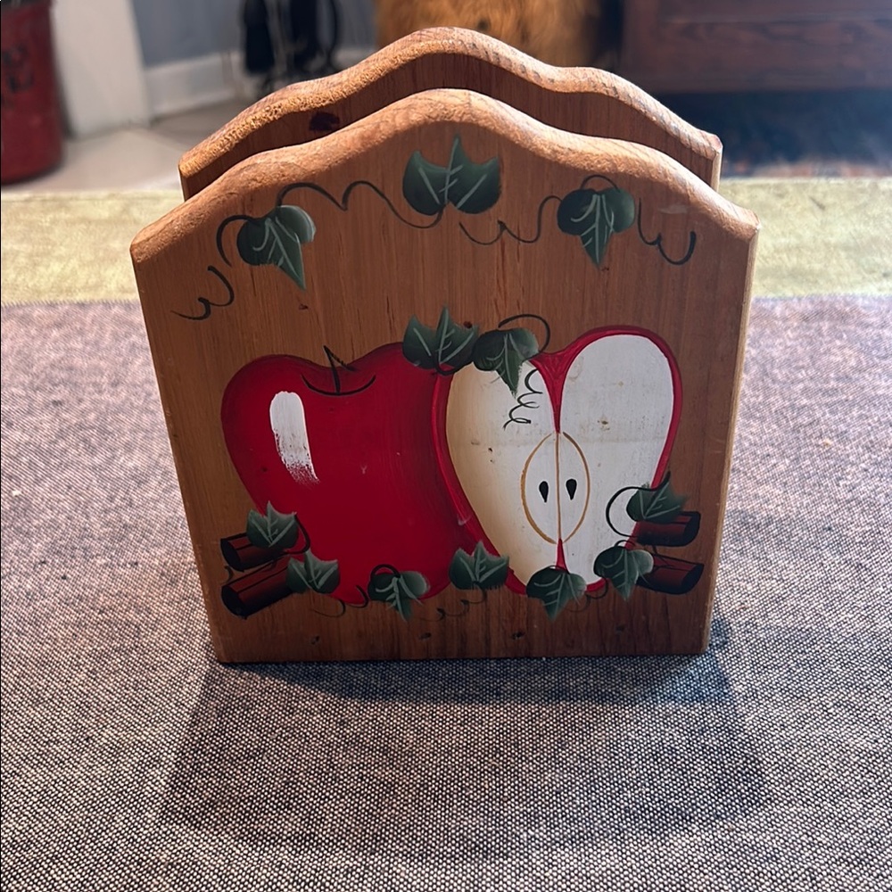 Vintage Wooden Napkin Letter Holder Apple Hand Painted Red Fruit Flower Ivy